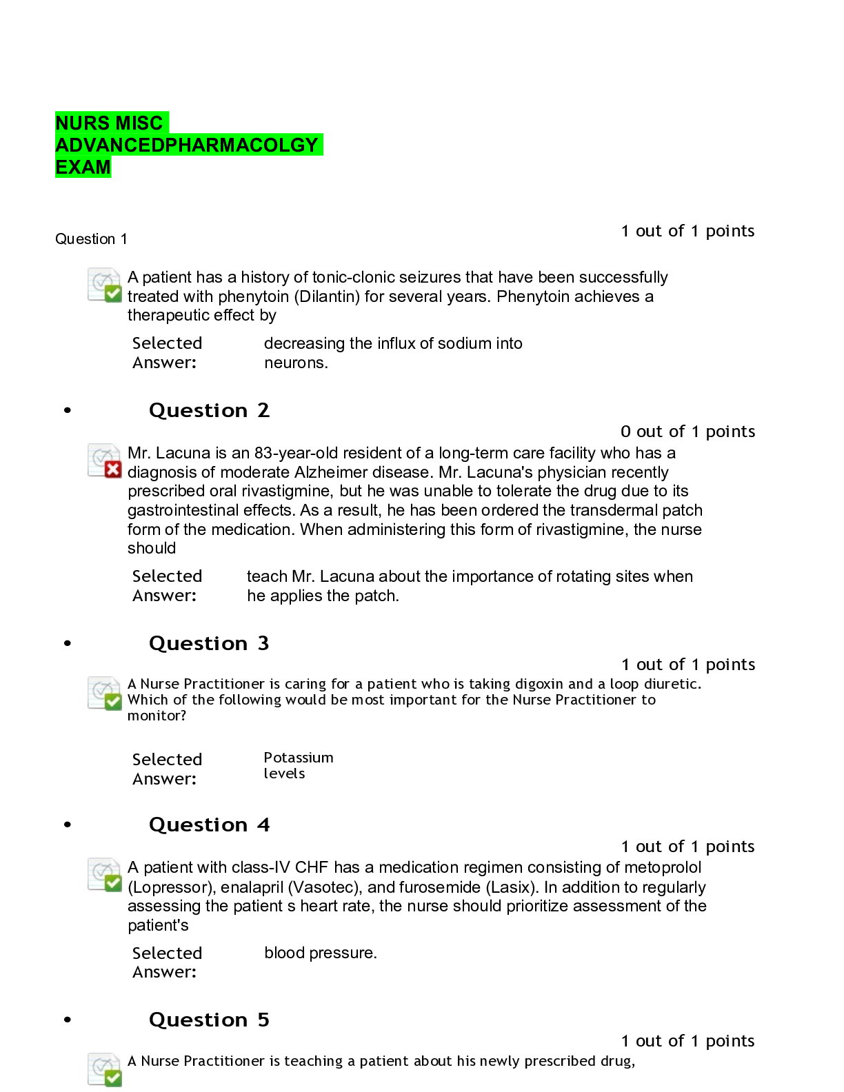 Preview image of NURS MISC ADVANCEDPHARMACOLGY EXAM document